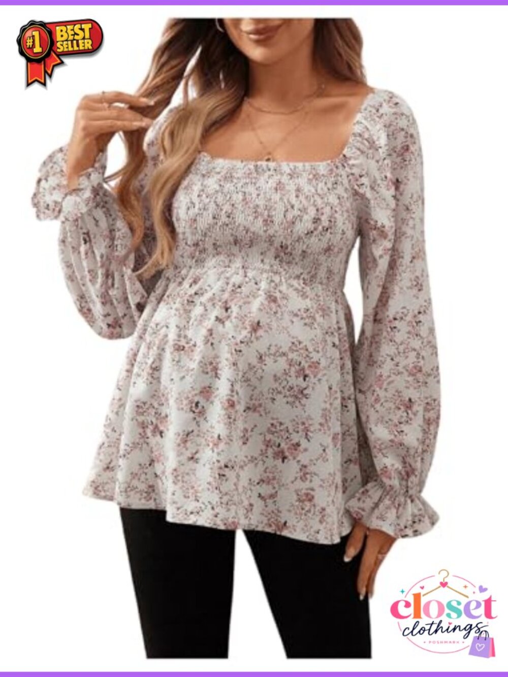 MakeMeChic Maternity Blouse Long Sleeve Smocked Ruffle Peplum Top